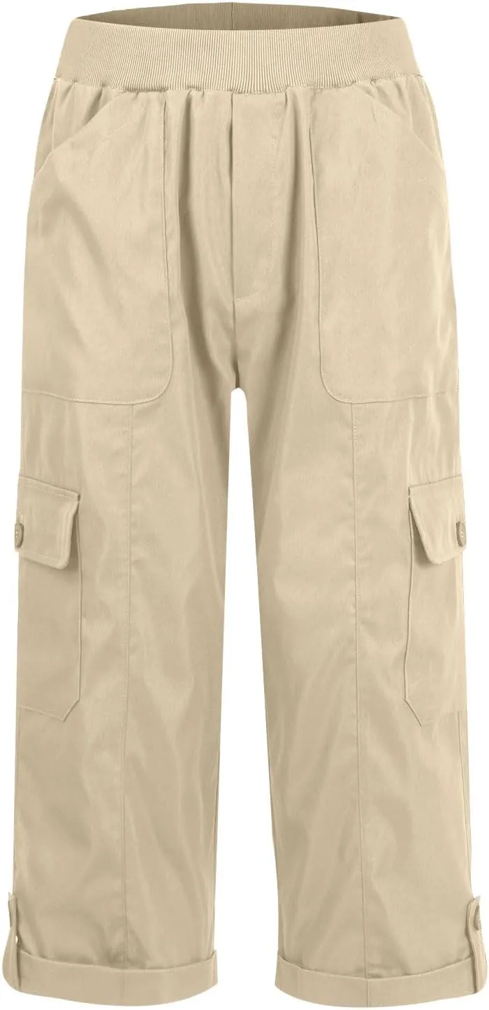 Women Cargo Capris Casual Elastic Waist Travel Hiking Pants Folded Hem Wide Leg Crop Chino Cargo Pants with 6 Pockets