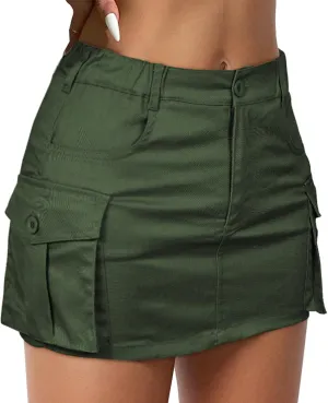 Women Denim Skirt Low Waist Cargo Skirt with Pockets Y2K Button Mini Jean Skirt