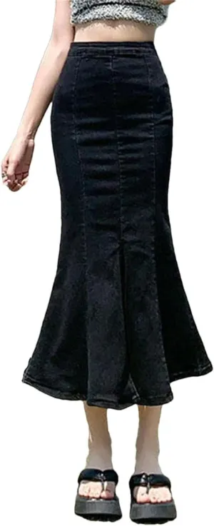 Women Flounce High Waist Skinny Stretch Vintage Split Hip Wrap Denim Skirt