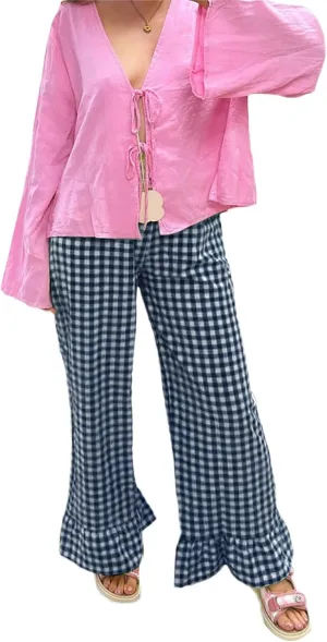 Women Gingham Pants Ruffle Hem Wide Leg Flowy Pants Checkered Trousers Plaid Pj Pants Y2k Going Out Bottoms
