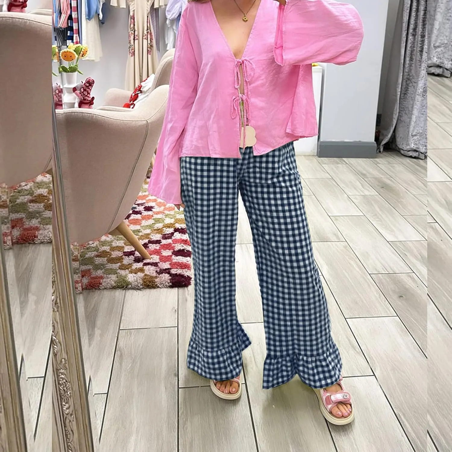 Women Gingham Pants Ruffle Hem Wide Leg Flowy Pants Checkered Trousers Plaid Pj Pants Y2k Going Out Bottoms