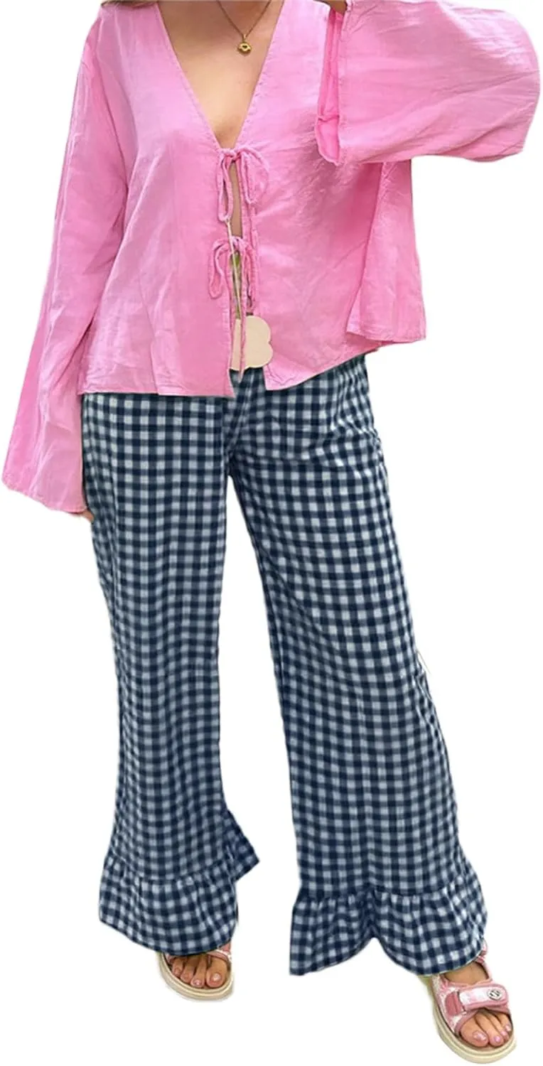 Women Gingham Pants Ruffle Hem Wide Leg Flowy Pants Checkered Trousers Plaid Pj Pants Y2k Going Out Bottoms