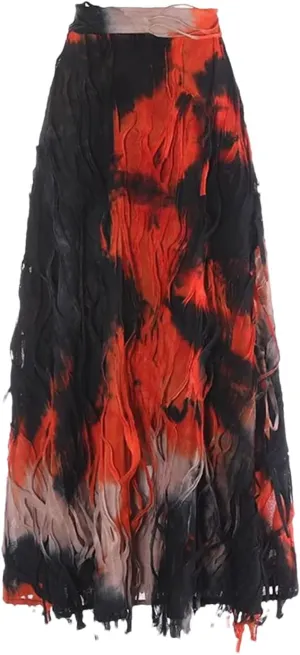 Women Gradient Tie Dye Long Skirt Retro A-Line Tassel Umbrella Skirts Party Wedding Clothing