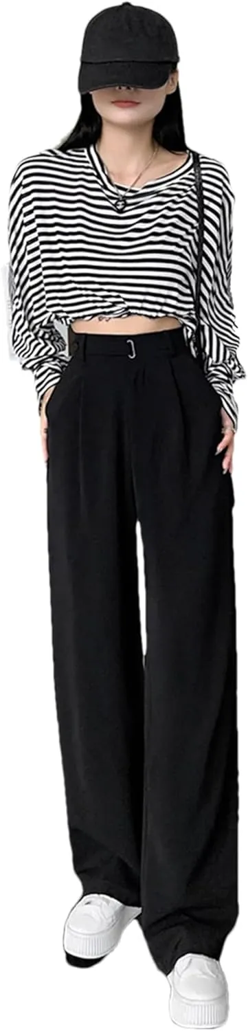 Women High Waist Suit Pants Wide Leg Full Pants Summer Elegant Straight Loose Trousers