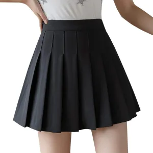 Women High Waisted Pleated Skirt Plain A-line Mini Skater Tennis Skirt School Uniform Skirts with Shorts for Girls (Black,X-Large)