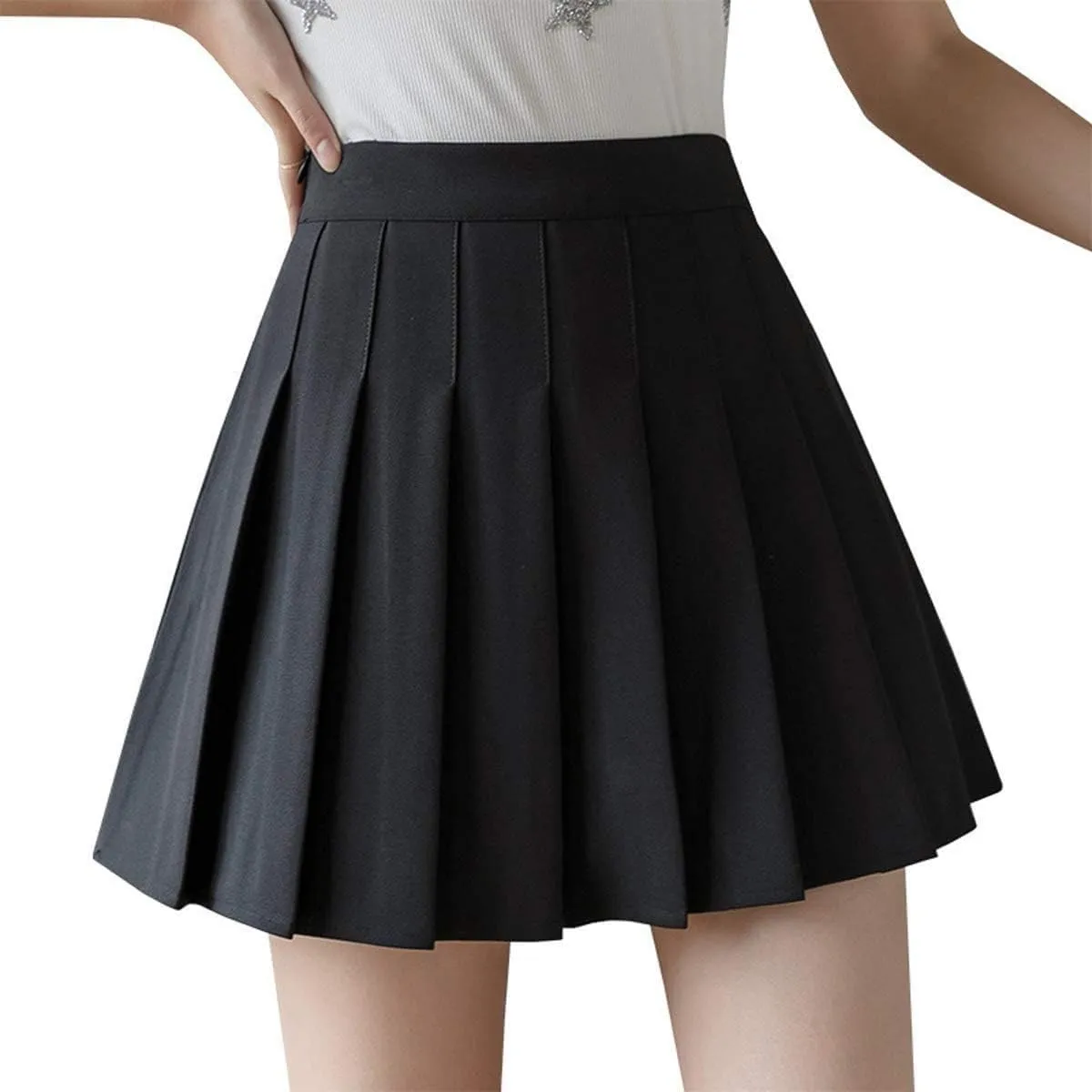 Women High Waisted Pleated Skirt Plain A-line Mini Skater Tennis Skirt School Uniform Skirts with Shorts for Girls (Black,X-Large)