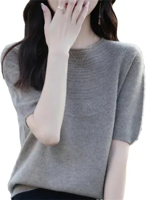 Women Knitted Short Sleeve Shirt Thin Solid Color Korea O-Neck Elastic Tee Crop Pullover