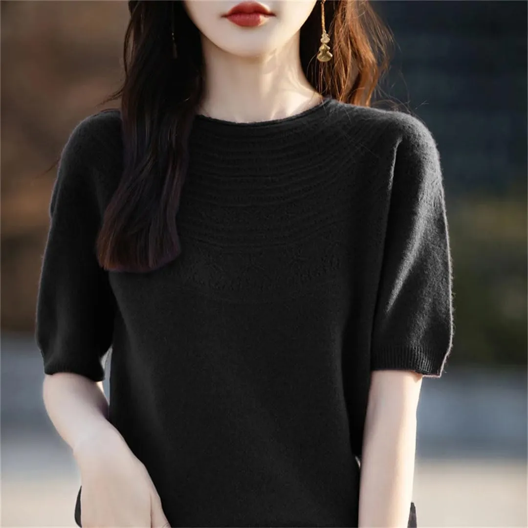 Women Knitted Short Sleeve Shirt Thin Solid Color Korea O-Neck Elastic Tee Crop Pullover