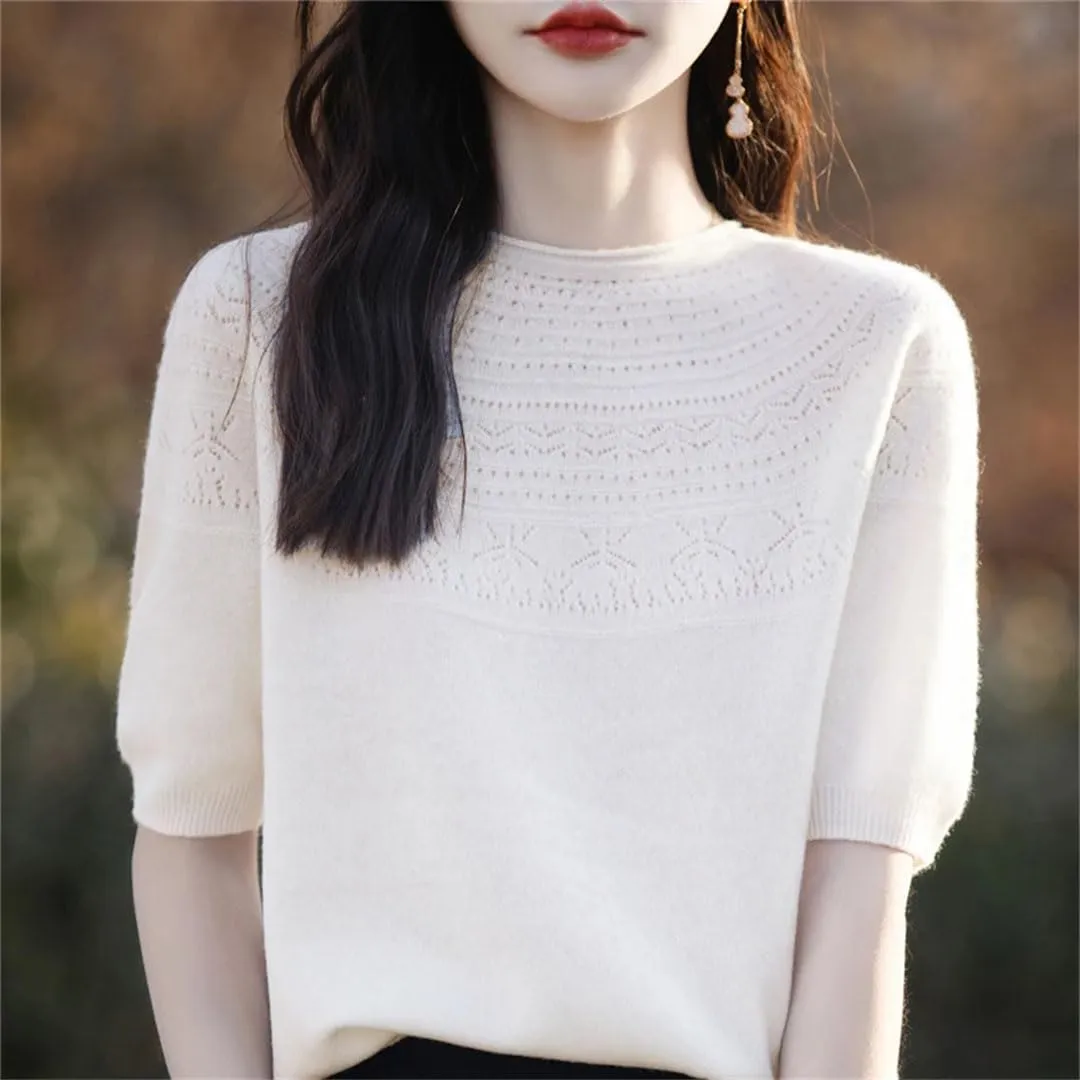 Women Knitted Short Sleeve Shirt Thin Solid Color Korea O-Neck Elastic Tee Crop Pullover