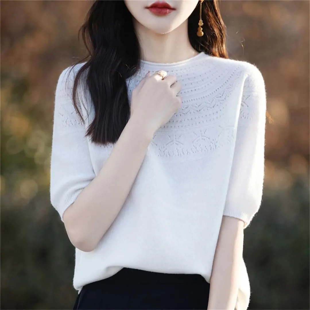 Women Knitted Short Sleeve Shirt Thin Solid Color Korea O-Neck Elastic Tee Crop Pullover