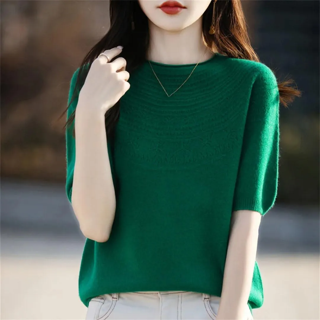 Women Knitted Short Sleeve Shirt Thin Solid Color Korea O-Neck Elastic Tee Crop Pullover