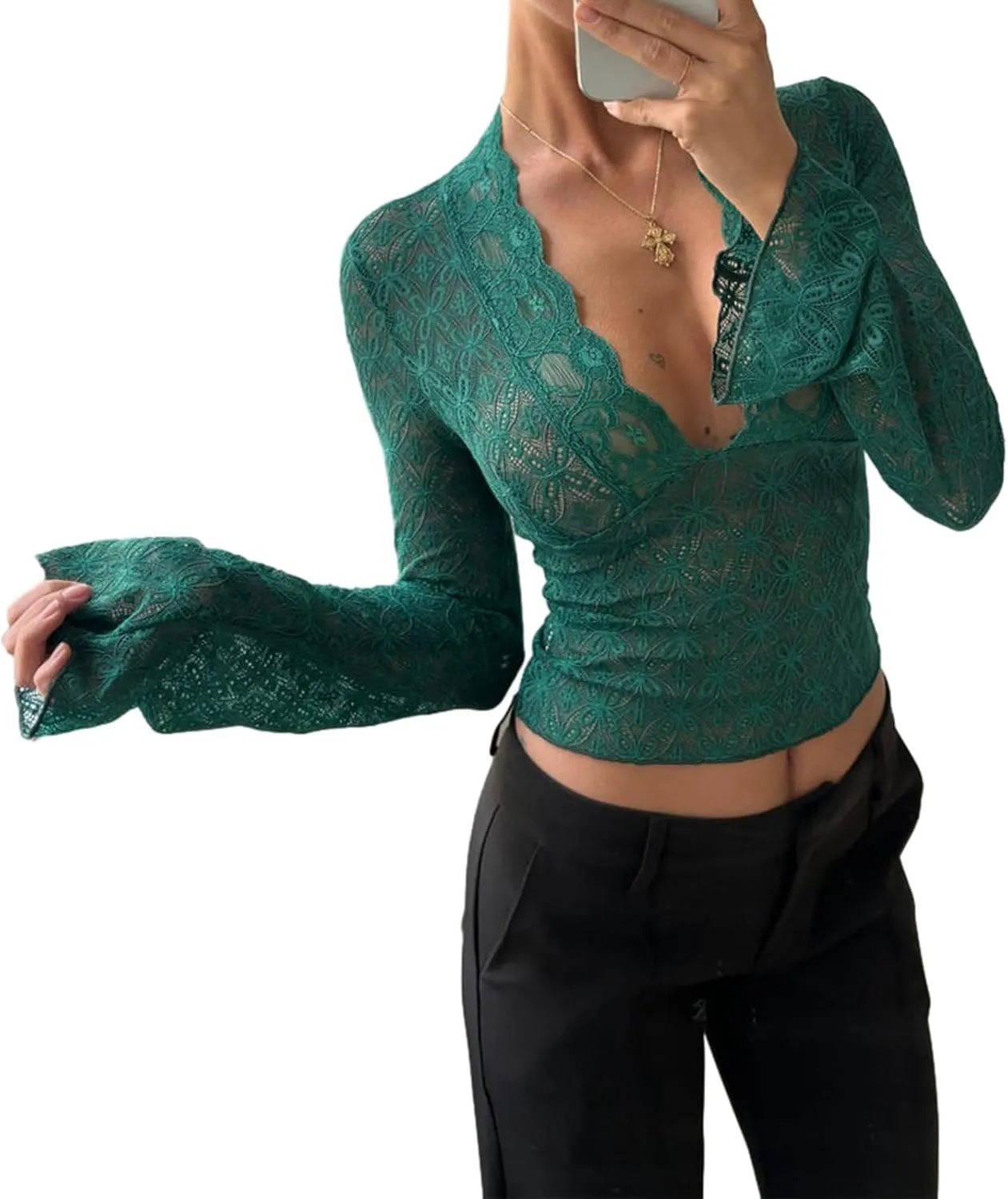 Women Lace Long Sleeve Shirt Sexy Deep V Neck See Through Crop Top Y2k Slim Fit Sheer Mesh Going Out Blouse