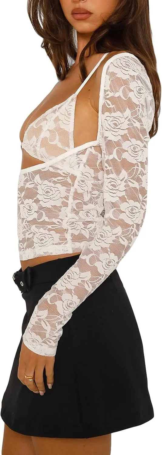 Women Lace Long Sleeve Shirt Sexy Deep V Neck See Through Crop Top Y2k Slim Fit Sheer Mesh Going Out Blouse