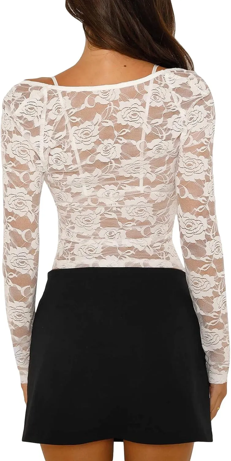 Women Lace Long Sleeve Shirt Sexy Deep V Neck See Through Crop Top Y2k Slim Fit Sheer Mesh Going Out Blouse