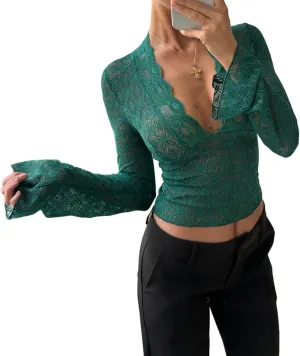 Women Lace Long Sleeve Shirt Sexy Deep V Neck See Through Crop Top Y2k Slim Fit Sheer Mesh Going Out Blouse