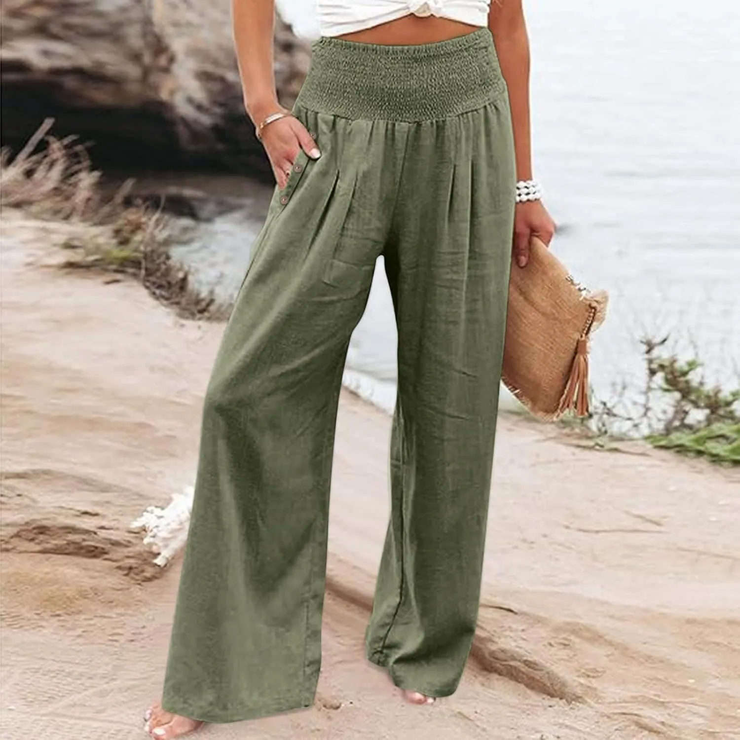 Women Linen Palazzo Pants Wide Leg High Waist Lounge Spring Casual Boho Trousers Travel Vacation Outfit with Pocket