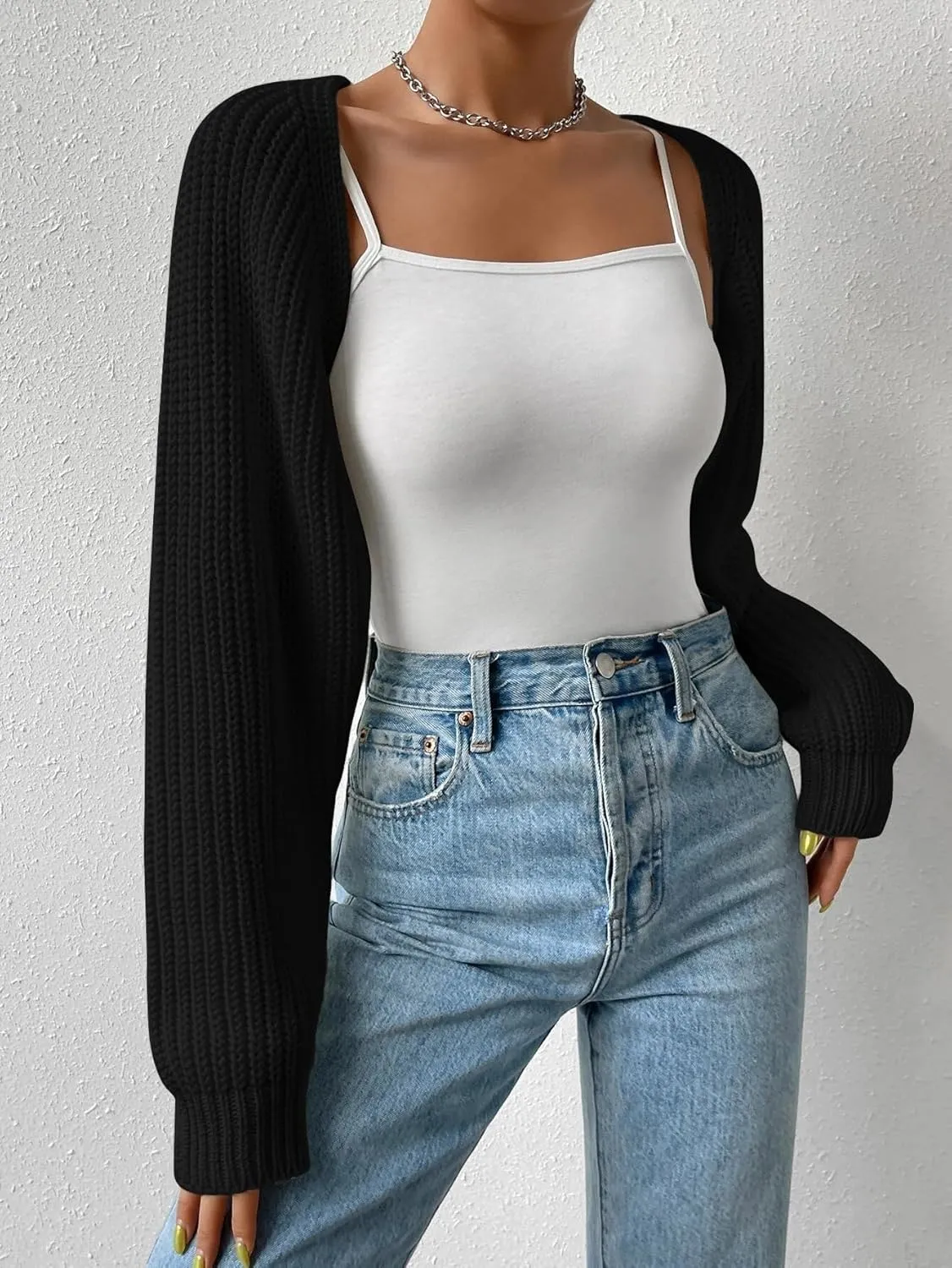 Women Long Sleeve Drop Shoulder Crop Cardigan Sweater Solid Loose Fit Casual Open Front Crop Shrug Sweater Top