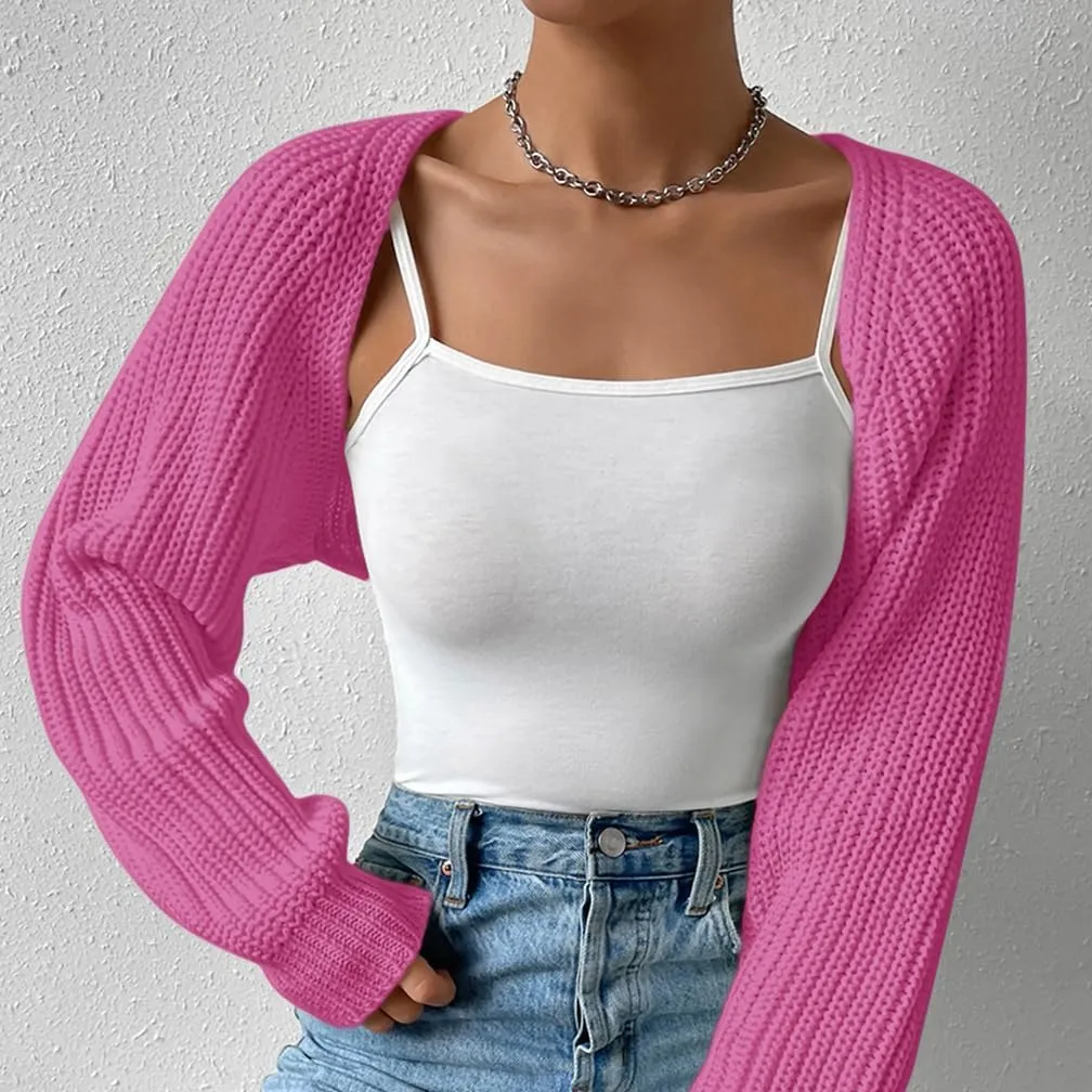 Women Long Sleeve Drop Shoulder Crop Cardigan Sweater Solid Loose Fit Casual Open Front Crop Shrug Sweater Top