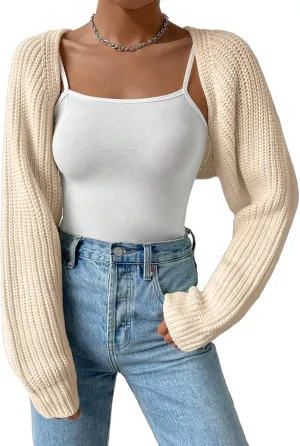 Women Long Sleeve Drop Shoulder Crop Cardigan Sweater Solid Loose Fit Casual Open Front Crop Shrug Sweater Top