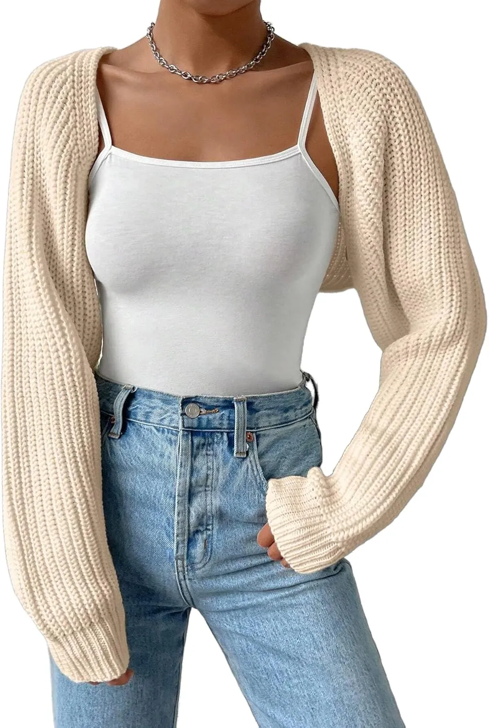 Women Long Sleeve Drop Shoulder Crop Cardigan Sweater Solid Loose Fit Casual Open Front Crop Shrug Sweater Top