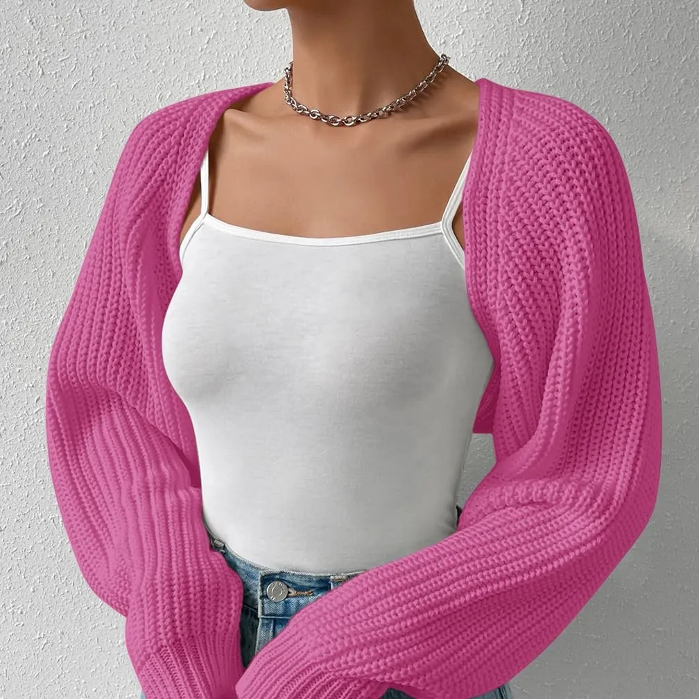 Women Long Sleeve Drop Shoulder Crop Cardigan Sweater Solid Loose Fit Casual Open Front Crop Shrug Sweater Top