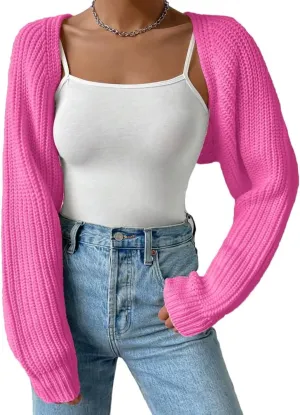 Women Long Sleeve Drop Shoulder Crop Cardigan Sweater Solid Loose Fit Casual Open Front Crop Shrug Sweater Top