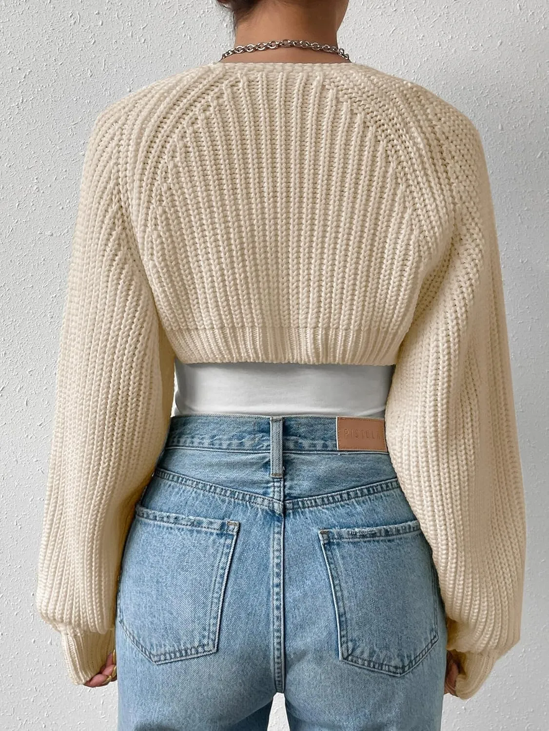 Women Long Sleeve Drop Shoulder Crop Cardigan Sweater Solid Loose Fit Casual Open Front Crop Shrug Sweater Top
