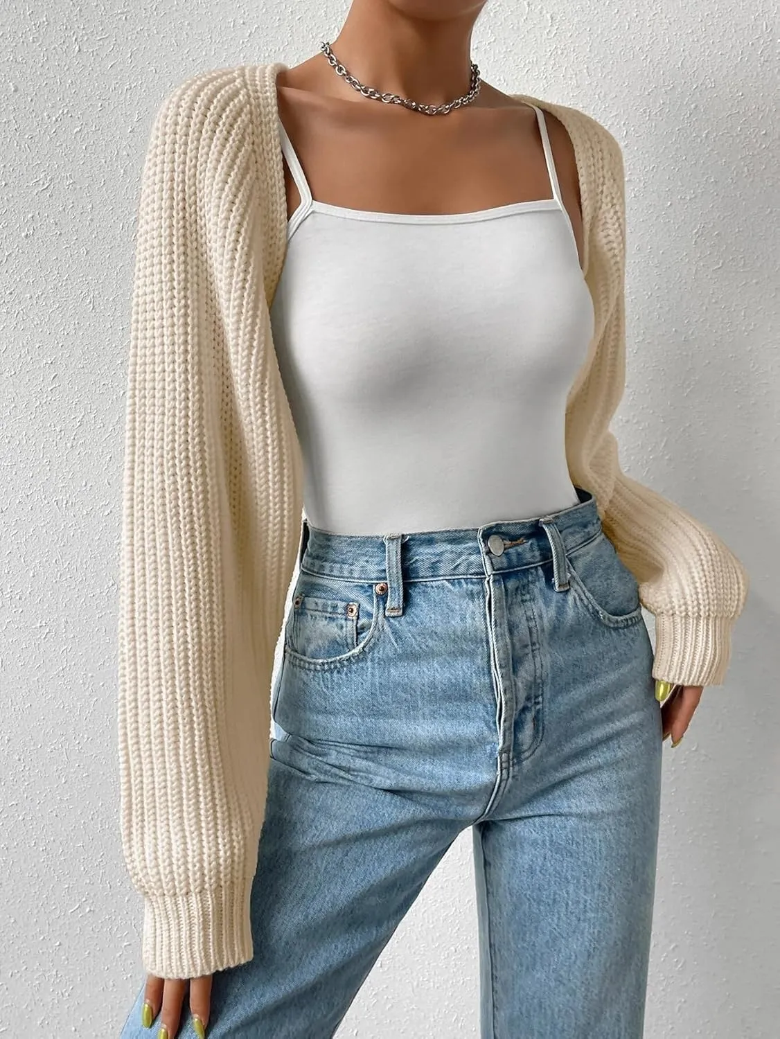 Women Long Sleeve Drop Shoulder Crop Cardigan Sweater Solid Loose Fit Casual Open Front Crop Shrug Sweater Top
