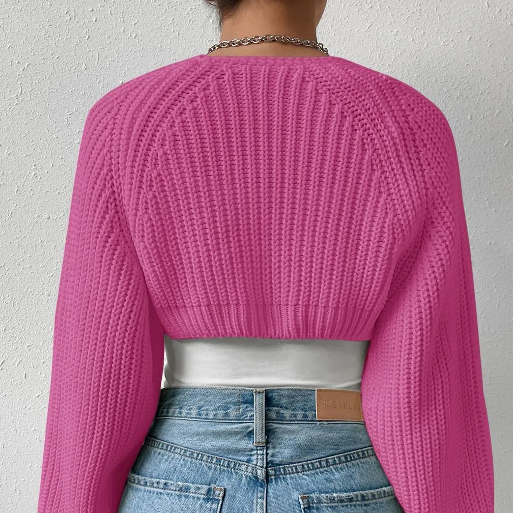 Women Long Sleeve Drop Shoulder Crop Cardigan Sweater Solid Loose Fit Casual Open Front Crop Shrug Sweater Top