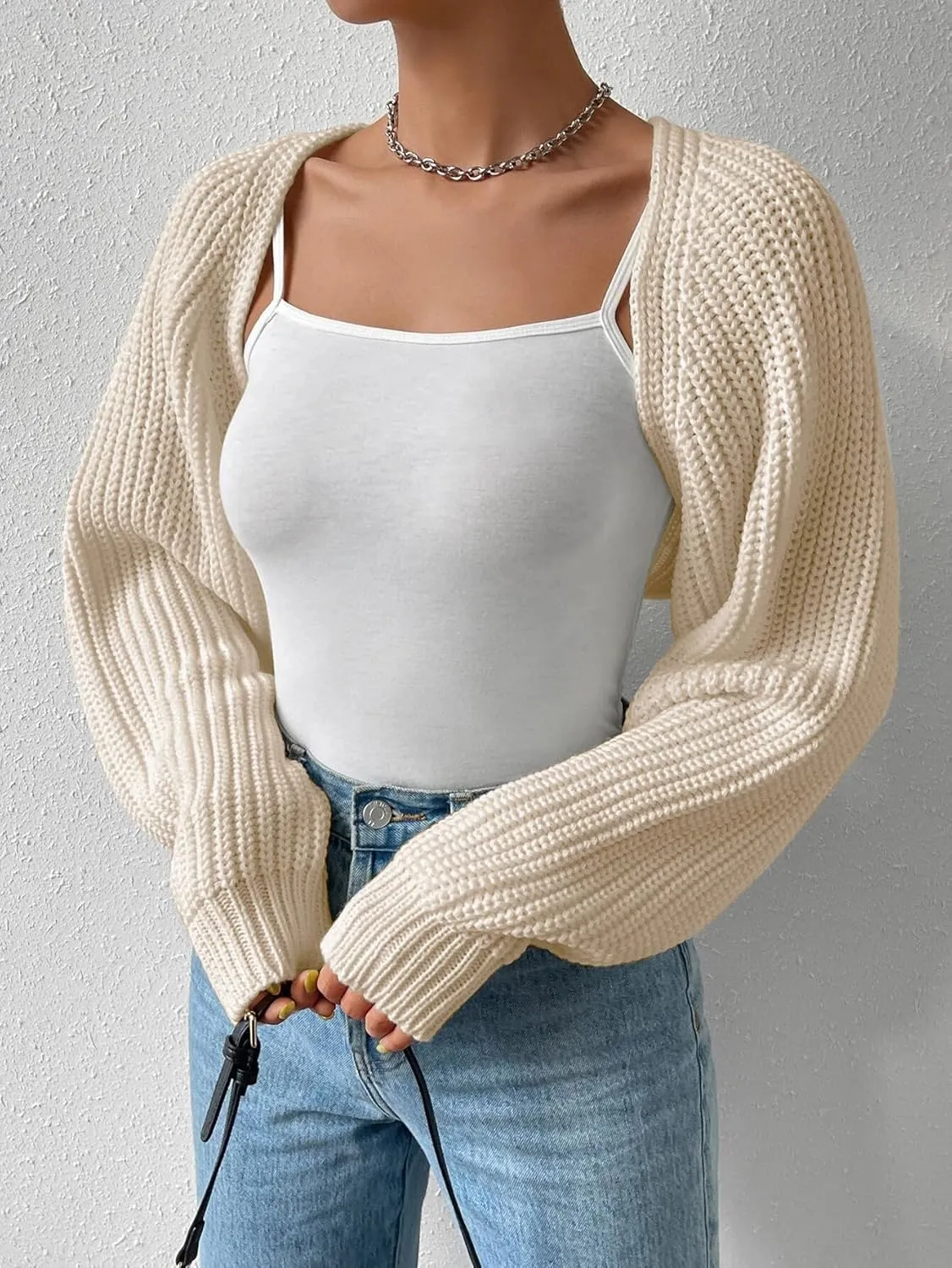 Women Long Sleeve Drop Shoulder Crop Cardigan Sweater Solid Loose Fit Casual Open Front Crop Shrug Sweater Top