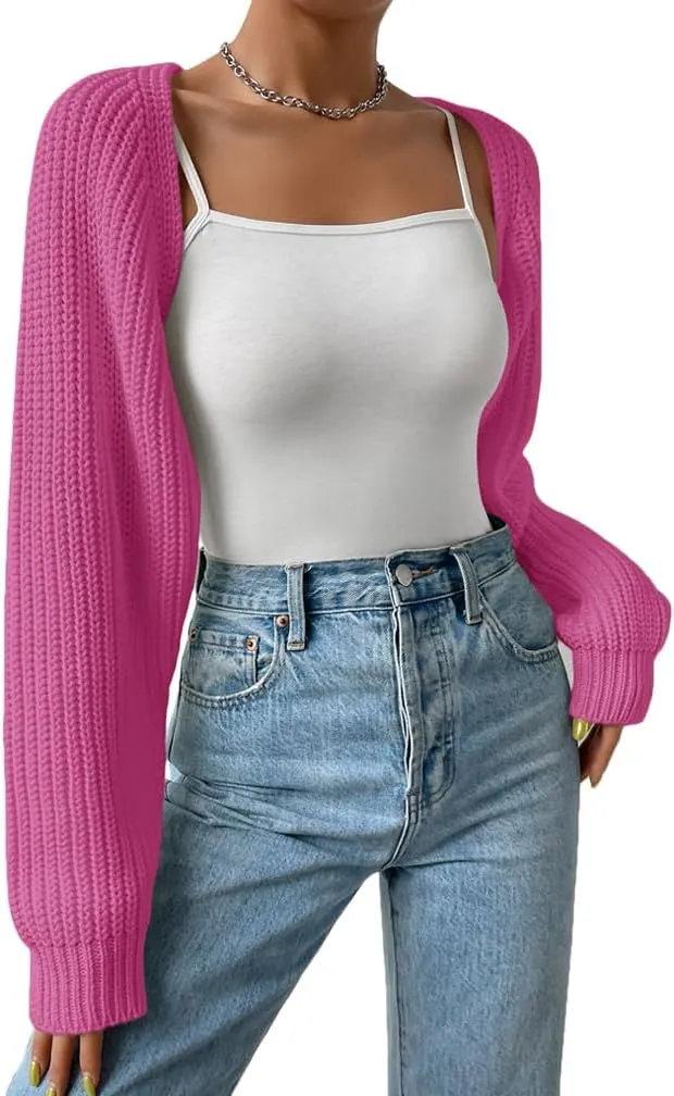 Women Long Sleeve Drop Shoulder Crop Cardigan Sweater Solid Loose Fit Casual Open Front Crop Shrug Sweater Top