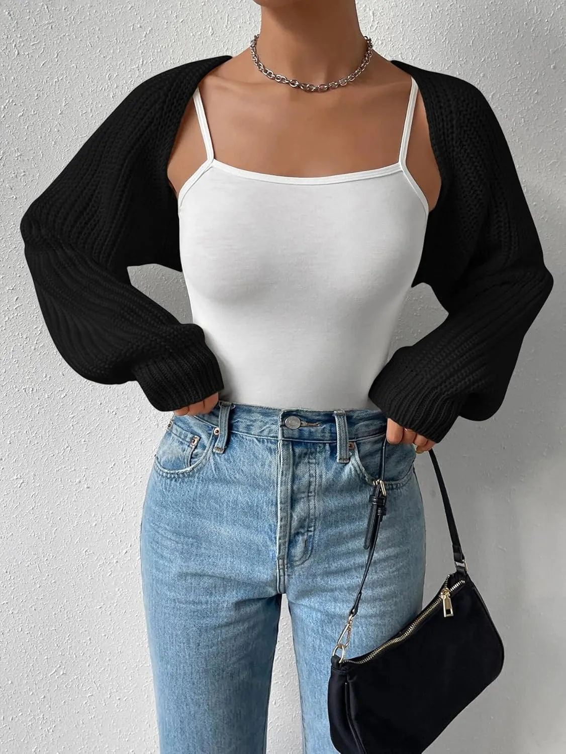 Women Long Sleeve Drop Shoulder Crop Cardigan Sweater Solid Loose Fit Casual Open Front Crop Shrug Sweater Top