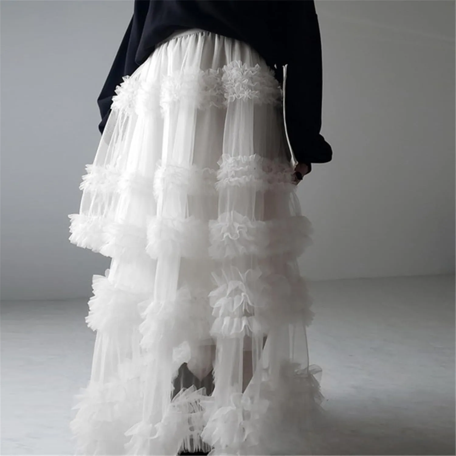 Women Mesh A Line Long Skirts Sheer Tulle Elastic High Rise Flowy Maxi Skirt Tiered Ruffled Tutu Skirt Streetwear