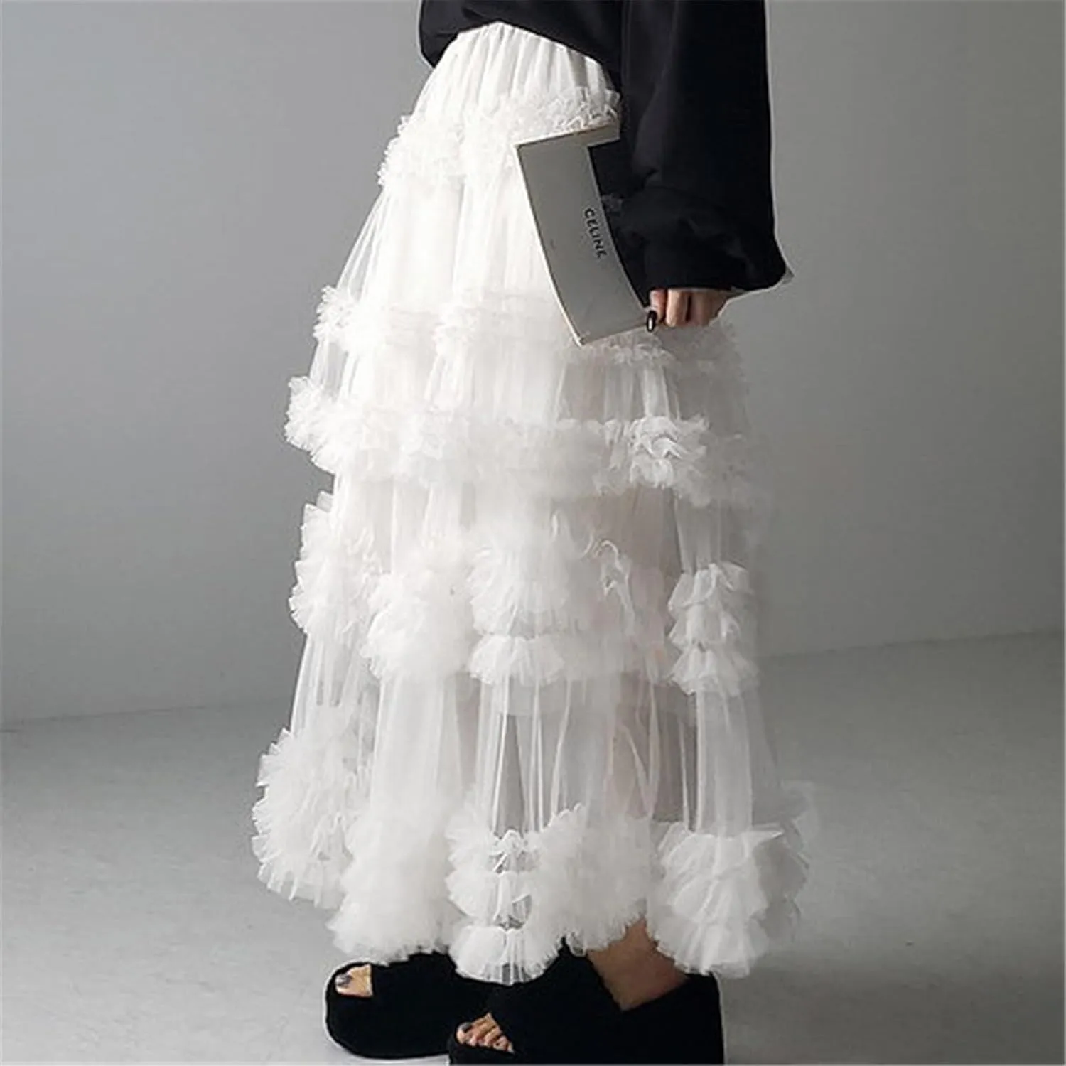 Women Mesh A Line Long Skirts Sheer Tulle Elastic High Rise Flowy Maxi Skirt Tiered Ruffled Tutu Skirt Streetwear