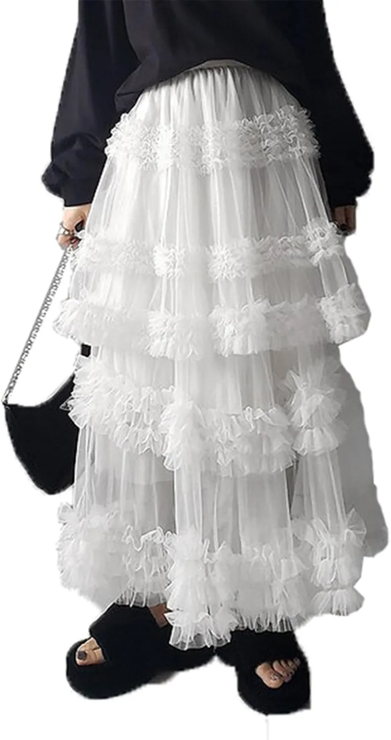 Women Mesh A Line Long Skirts Sheer Tulle Elastic High Rise Flowy Maxi Skirt Tiered Ruffled Tutu Skirt Streetwear