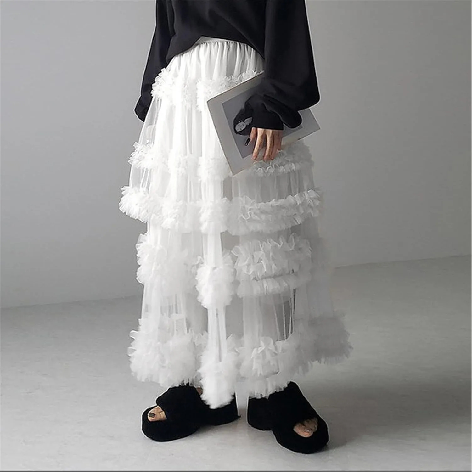 Women Mesh A Line Long Skirts Sheer Tulle Elastic High Rise Flowy Maxi Skirt Tiered Ruffled Tutu Skirt Streetwear