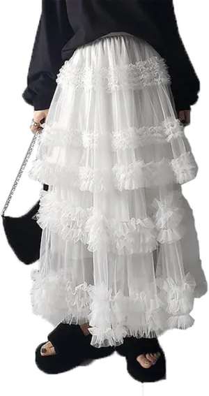 Women Mesh A Line Long Skirts Sheer Tulle Elastic High Rise Flowy Maxi Skirt Tiered Ruffled Tutu Skirt Streetwear