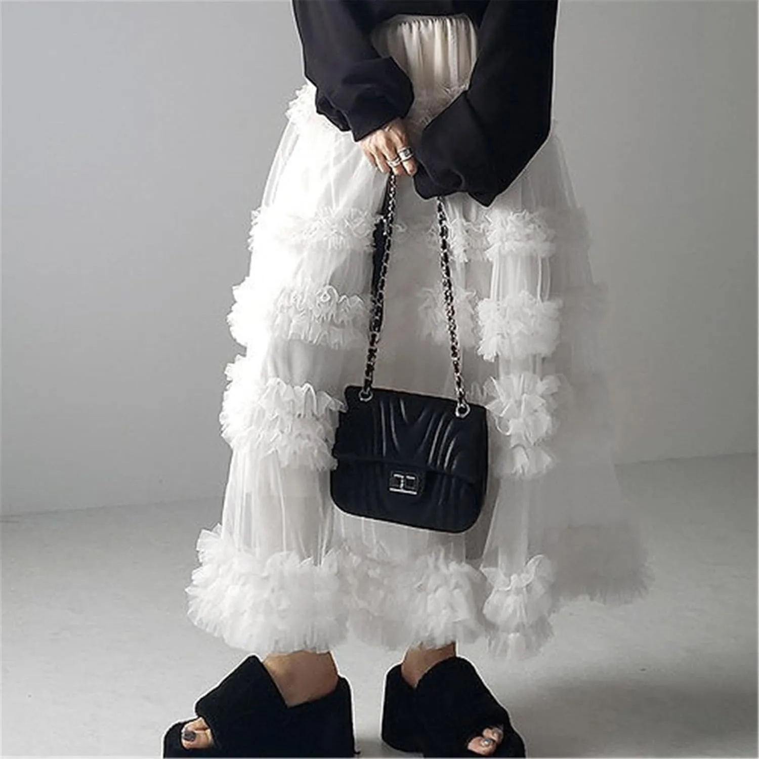 Women Mesh A Line Long Skirts Sheer Tulle Elastic High Rise Flowy Maxi Skirt Tiered Ruffled Tutu Skirt Streetwear