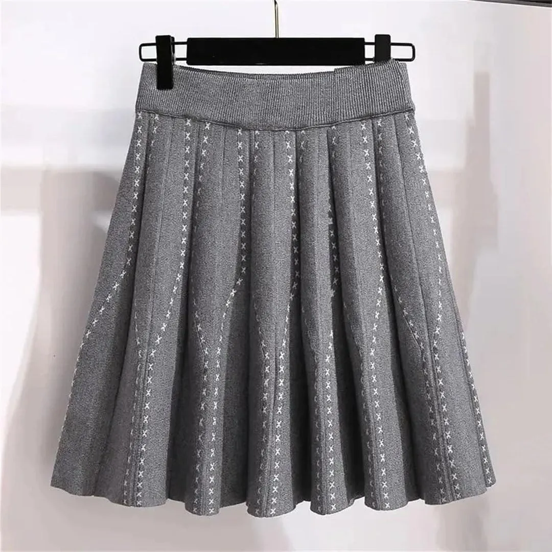Women Pleated Knitted Mini Skirts Autumn Winter Elastic Waist Vintage Harajuku Sexy Skirt