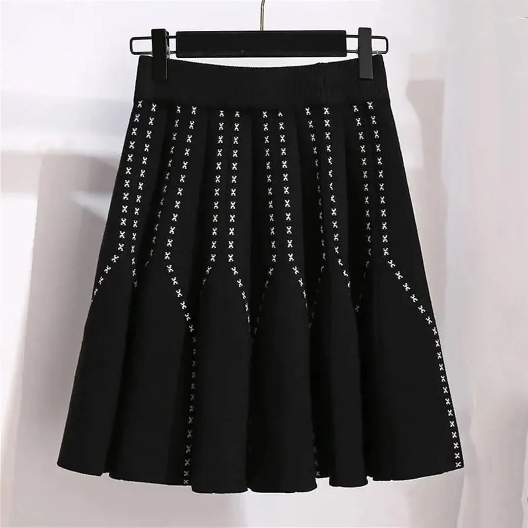 Women Pleated Knitted Mini Skirts Autumn Winter Elastic Waist Vintage Harajuku Sexy Skirt