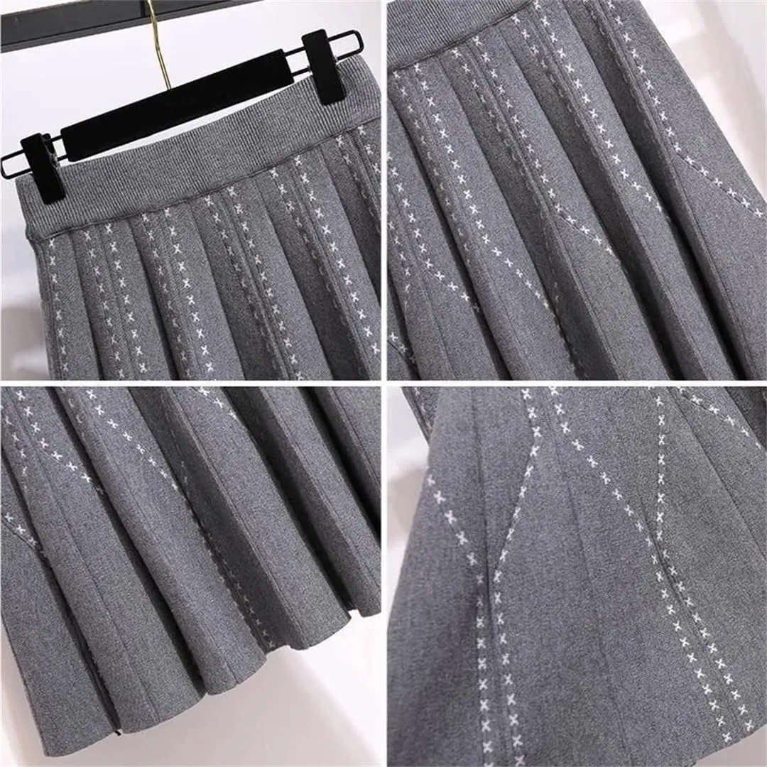 Women Pleated Knitted Mini Skirts Autumn Winter Elastic Waist Vintage Harajuku Sexy Skirt