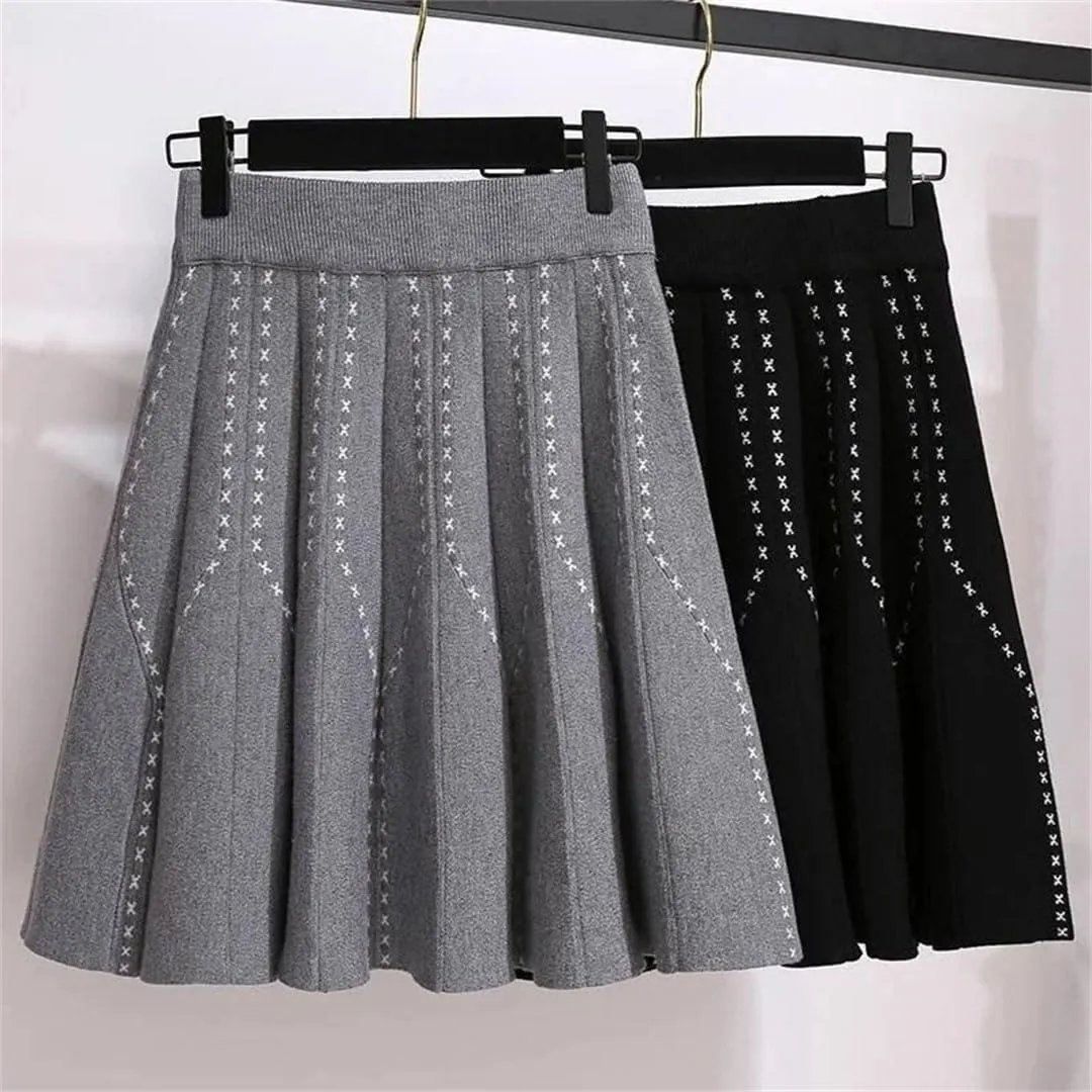 Women Pleated Knitted Mini Skirts Autumn Winter Elastic Waist Vintage Harajuku Sexy Skirt