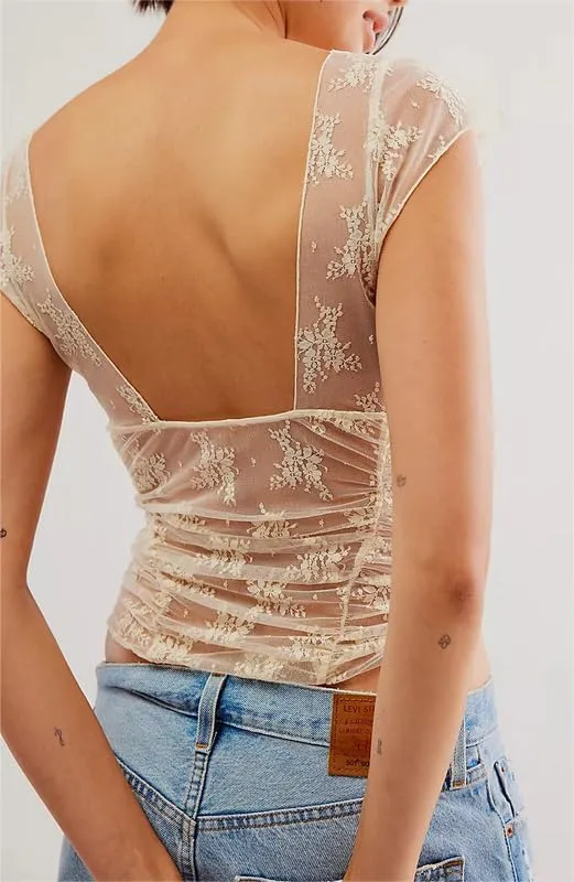 Women Short Sleeve Crop Top Y2k Floral Lace Backless Top Sheer Mesh See Through Top Going Out Streetwear