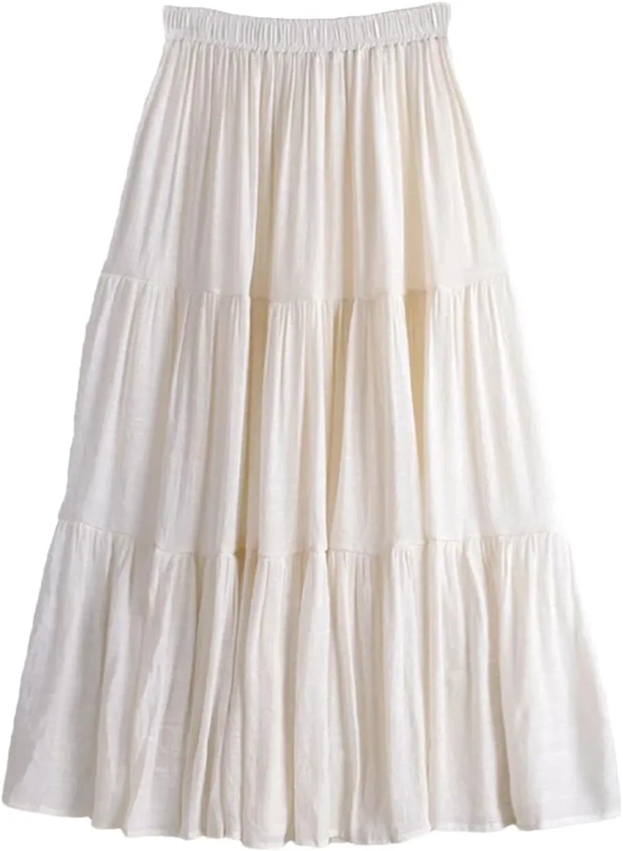 Women Summer A-Line Solid Patchwork Casual Loose Pleated Skirts