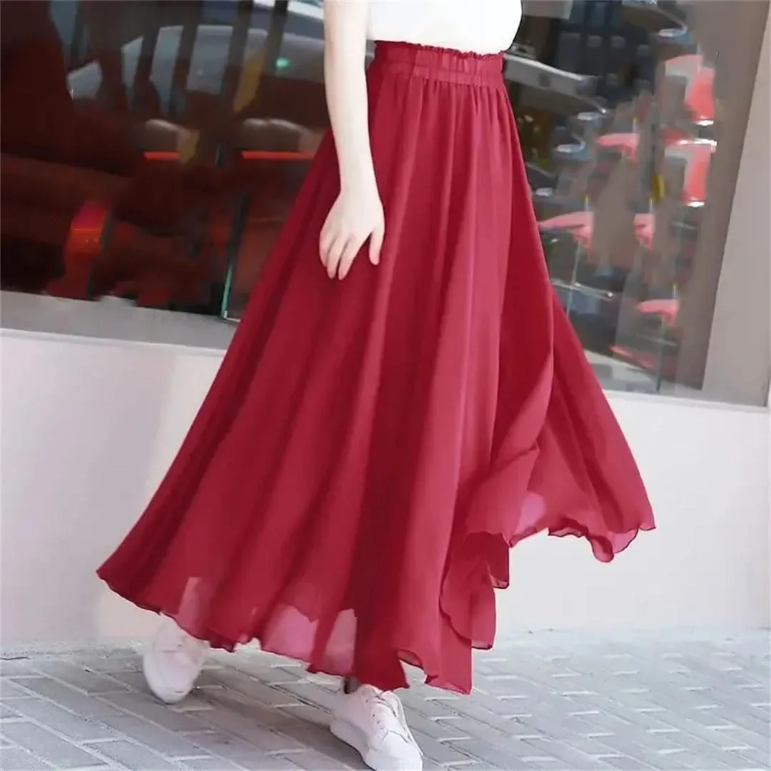 Women Summer Chiffon High Waist Elegant Long Straight Skirts