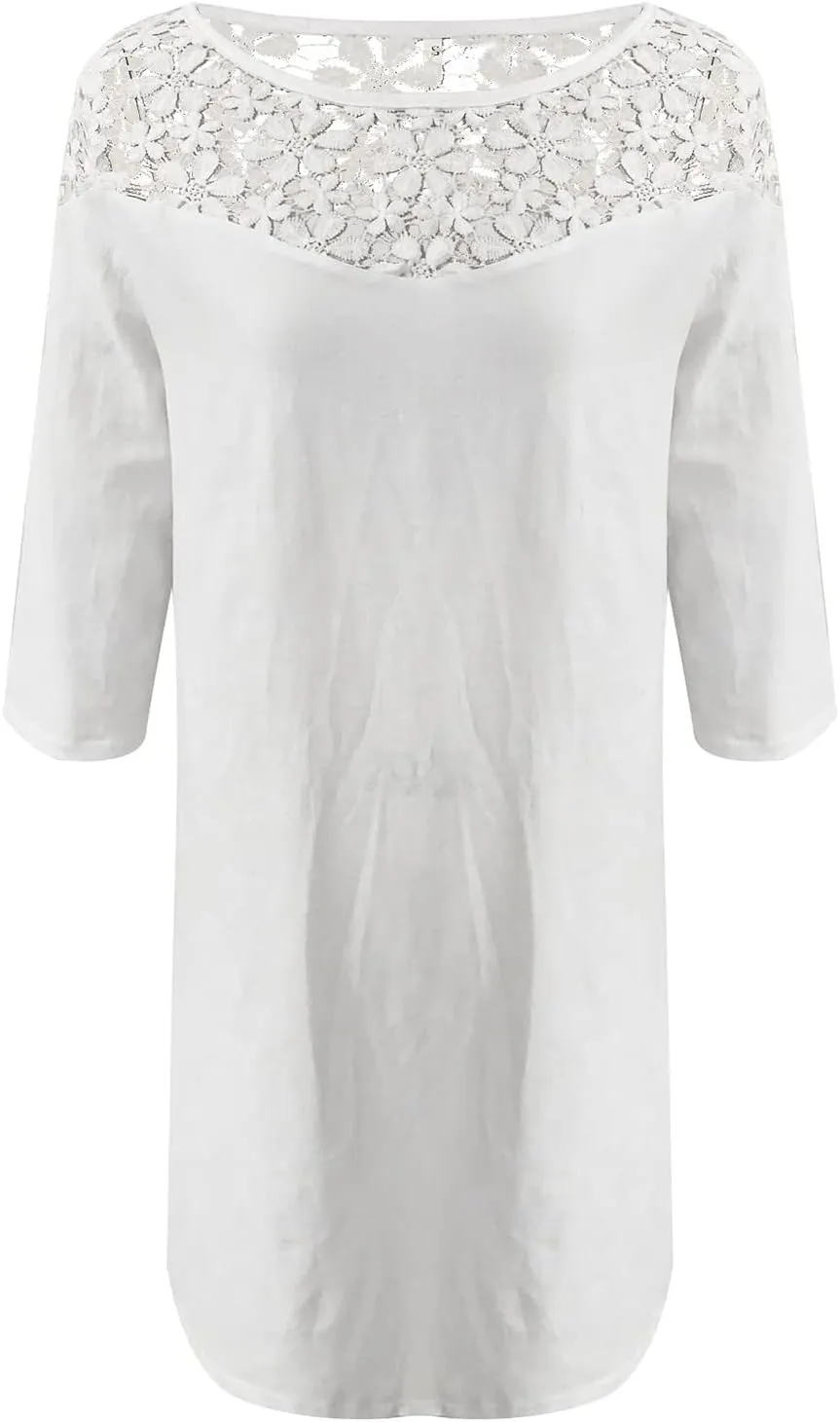 Women Summer Lace Linen Shift Dresses Beach Lace Floral Straight Dress Crew Neck Half Sleeve Elgant Cotton Linen Dress