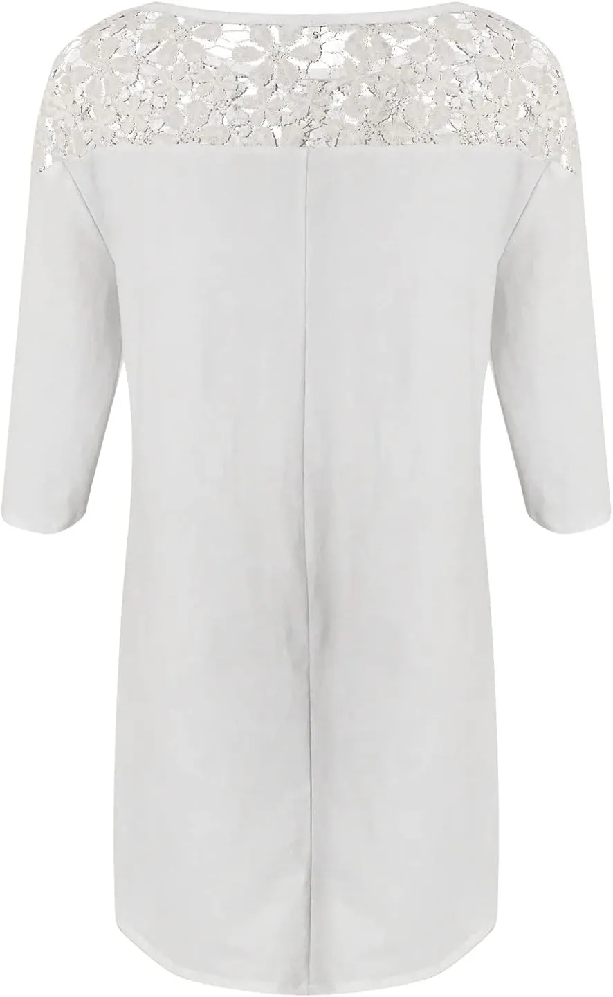 Women Summer Lace Linen Shift Dresses Beach Lace Floral Straight Dress Crew Neck Half Sleeve Elgant Cotton Linen Dress