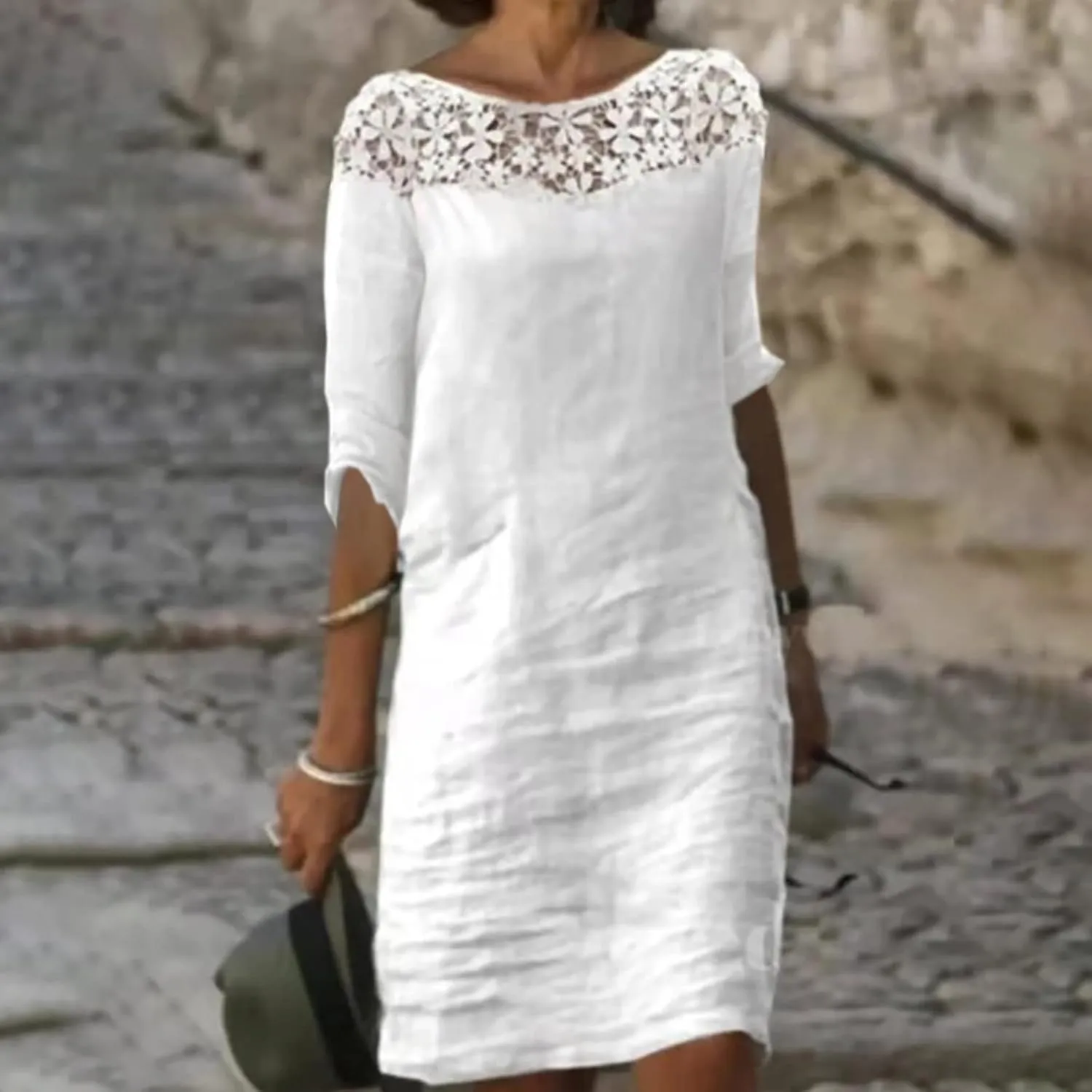Women Summer Lace Linen Shift Dresses Beach Lace Floral Straight Dress Crew Neck Half Sleeve Elgant Cotton Linen Dress