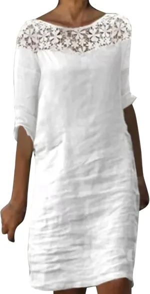 Women Summer Lace Linen Shift Dresses Beach Lace Floral Straight Dress Crew Neck Half Sleeve Elgant Cotton Linen Dress
