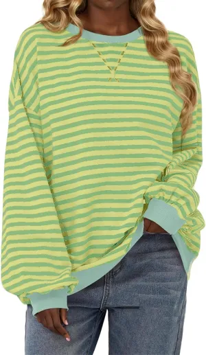 Women Sweatshir Striped Oversized Long Sleeve Crewneck Hoodies Shirt 2024 Fall Pullover Top Trendy Preppy Clothes